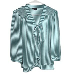 The Limited Tie Neck Blouse Green White Striped Smocked Shoulder XS Office, Work